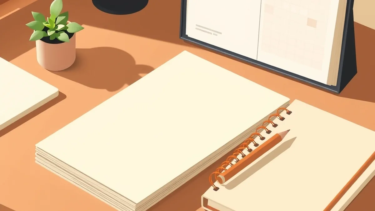 木の机の上に紙の束と、表紙に何も書かれていないリング綴じのノートが並んでいる絵