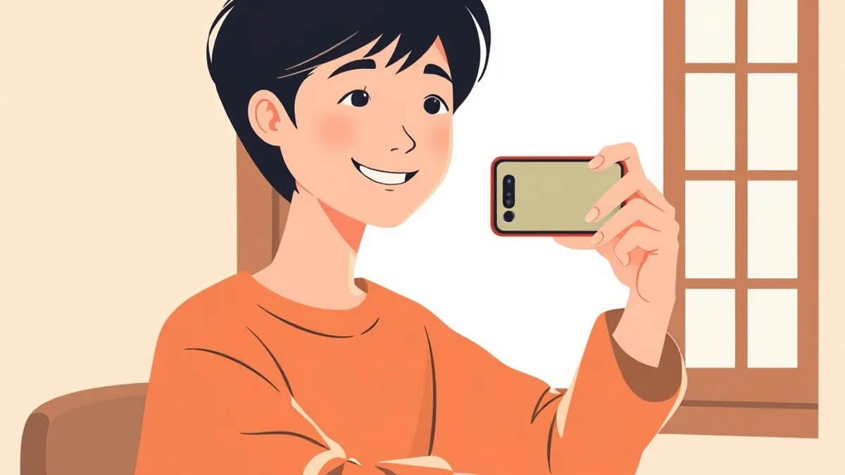 窓辺で、笑顔の人がスマホを少し横に構えて自撮り動画を撮っている絵
