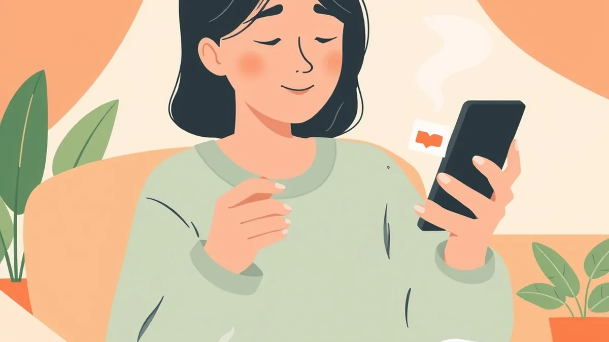お茶を片手に、届いたメールをスマホで落ち着いて眺めている人
