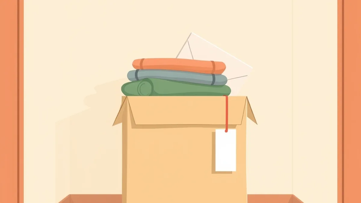 廊下に置かれた、たたんだ服と封筒の入ったふたの無い箱。側面に無地の札が下がっている絵