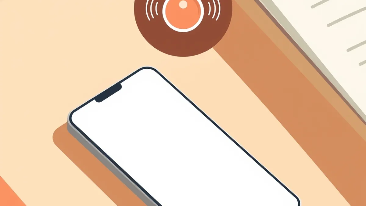木のテーブルに置かれたスマホの上に、音の波を出すベルの形が浮かんでいる絵