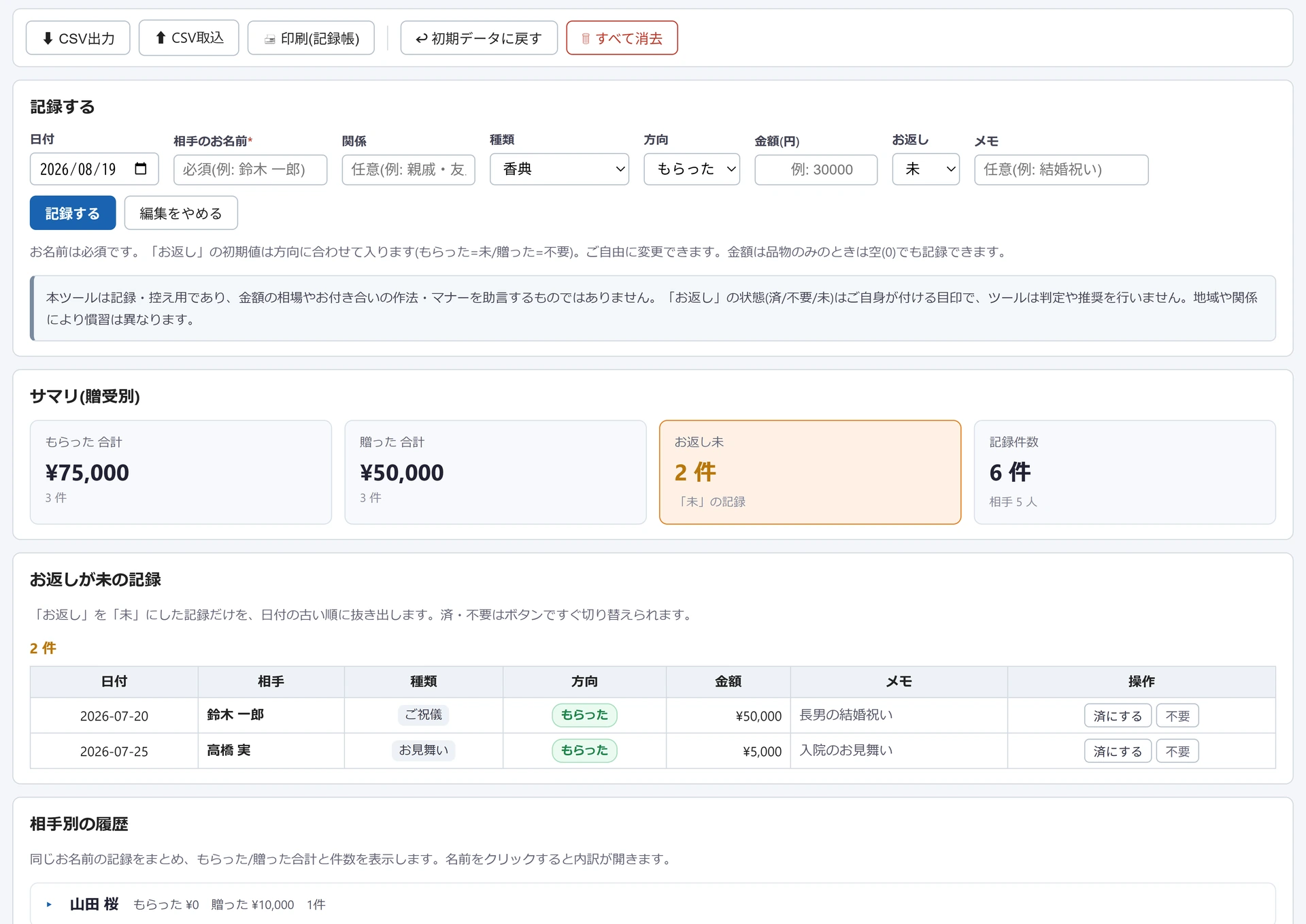 香典・お祝い記録帳の画面。サマリにもらった合計¥75,000・贈った合計¥50,000・お返し未2件が並び、下の「お返しが未の記録」に日付・相手・金額の2件が出ている
