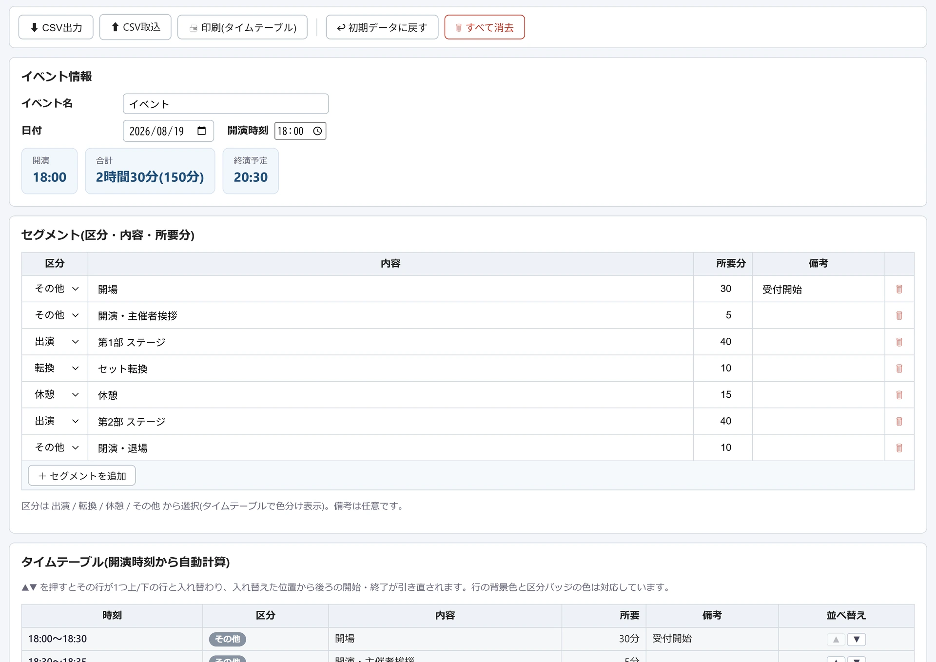 香盤表・イベント進行表の画面。開演18:00・合計2時間30分(150分)・終演予定20:30が上に出て、7行のセグメントからタイムテーブルの時刻が自動計算されている