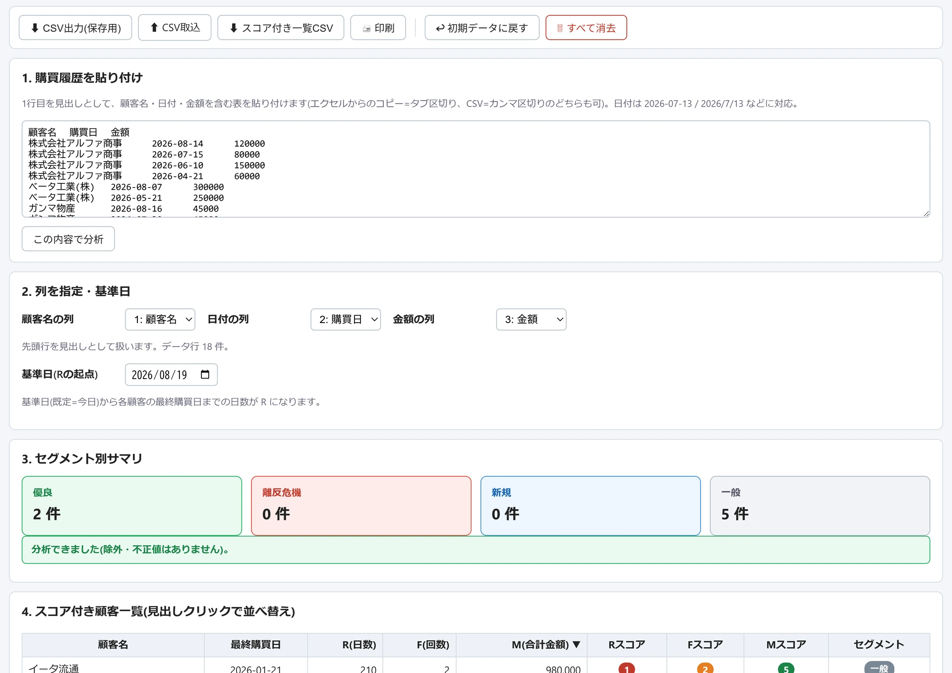 RFM分析の画面。上に購買履歴を貼り付けたテキスト欄と、顧客名・日付・金額の列指定と基準日2026/08/18。下にセグメント別サマリ(優良2件・一般5件)とスコア付き顧客一覧が並ぶ