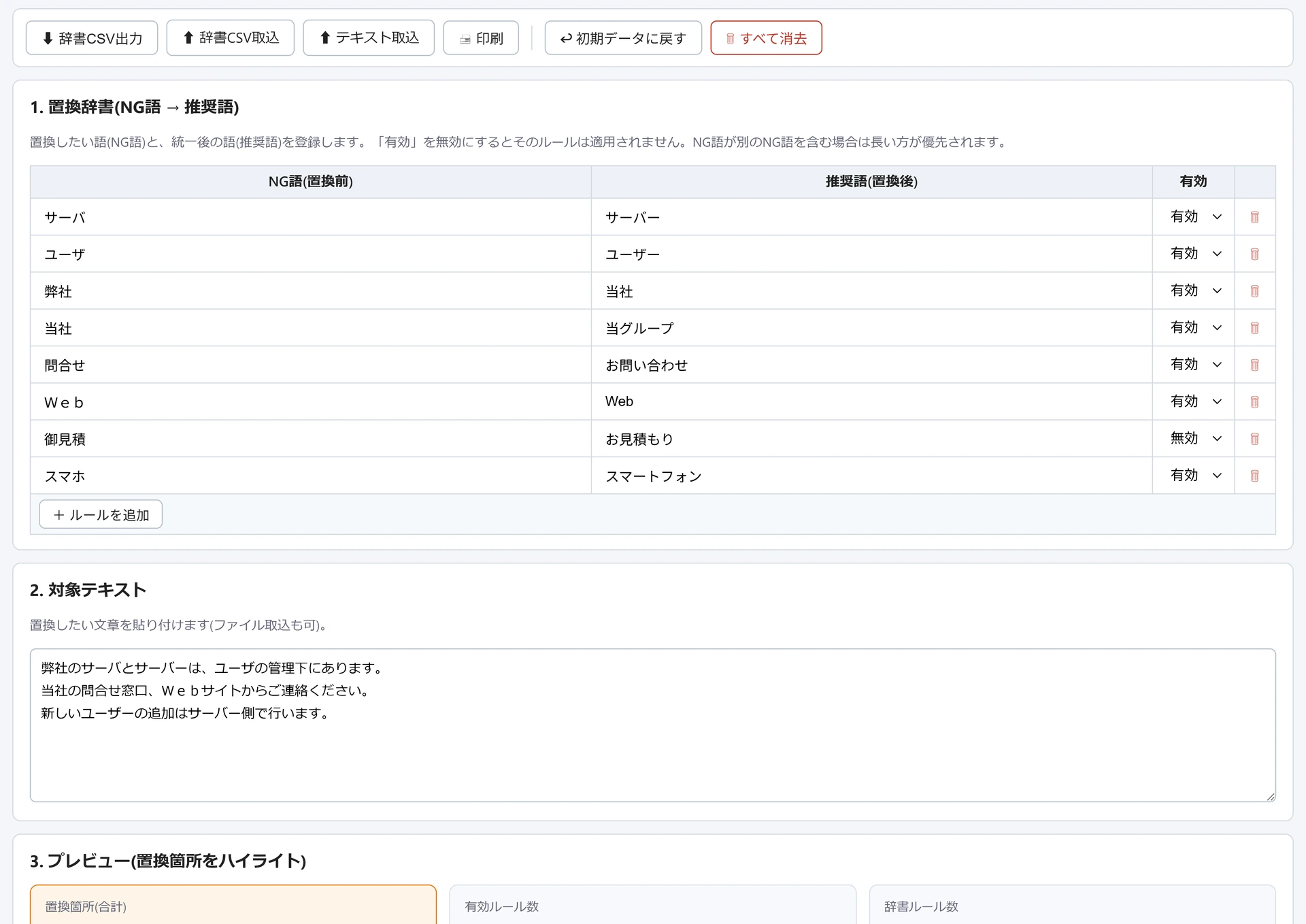 用語統一・一括置換の画面。NG語と推奨語(サーバ→サーバー、弊社→当社など)を並べた置換辞書の表と有効/無効の切り替え、下に対象テキストの貼り付け欄と置換箇所のプレビューが続く